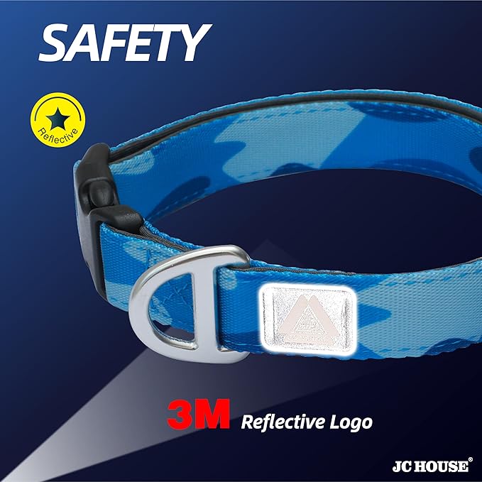 Soft Padded Dog Collar, Neck 12’’-20’’, Adjustable Heavy Duty Collar with 3M Reflective Logo for Medium, Large Dogs, Camo Blue, Medium