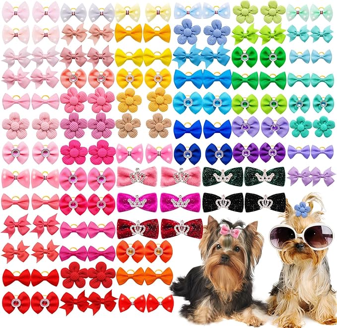 100pcs Crown Dog Hair Bows,Mix Small Medium Dog Hair Grooming Bows,Puppy Cute Solid Hair Bows with Rubber Bands for Daily Wearing Holiday Birthday Dog Hair Costume Accessories