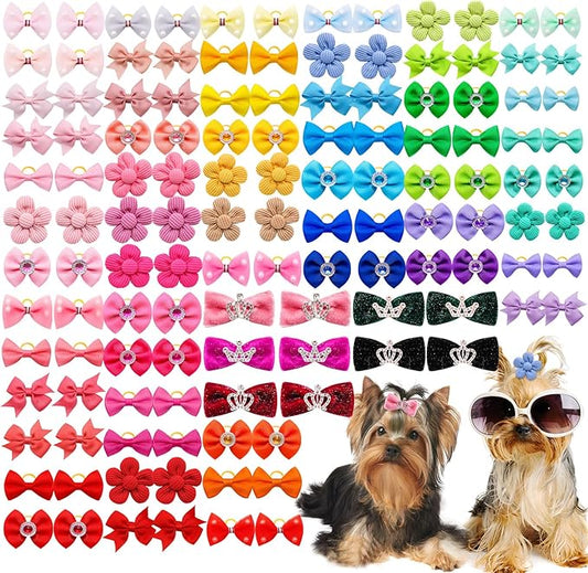 100pcs Crown Dog Hair Bows,Mix Small Medium Dog Hair Grooming Bows,Puppy Cute Solid Hair Bows with Rubber Bands for Daily Wearing Holiday Birthday Dog Hair Costume Accessories