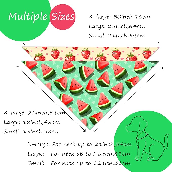 New Summer Fruit Dog Bandanas 2 Pack 4 Pattern Reversible, Holiday Bandana for Boy and Girl, Premium Durable Fabric, Party Triangle Scarf for Medium to Large Breed Dogs (Large)