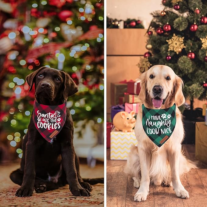 ADOGGYGO Christmas Dog Bandanas 4 Pack, Classic Plaid Triangle Pet Scarf Bibs Kerchief, Multiple Sizes Offered, Red Green Christmas Holiday Bandanas for Medium Large Dogs Pets (Large)