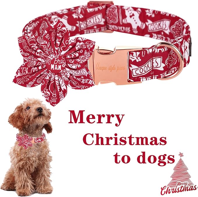 Unique style paws Christmas Dog Collar with Flower Tie Winter Gingerbread Snowman Theme Puppy Collar for Small Medium Large Dogs-L