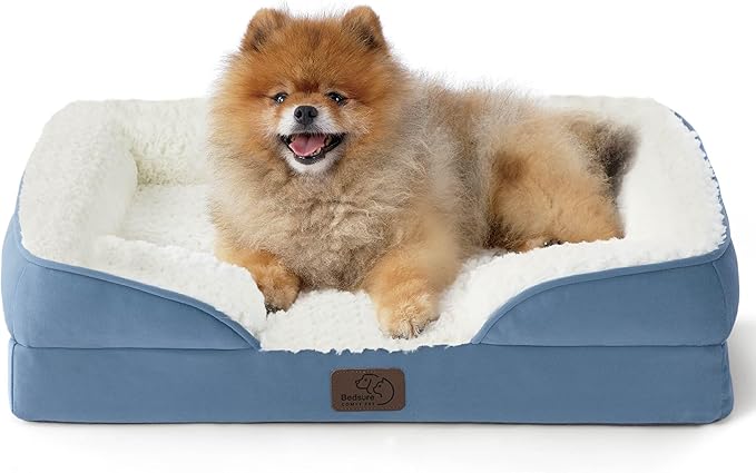 Bedsure Small Orthopedic Dog Bed - Calming Dog Sofa for Small Dogs with Luxurious Short Plush, Pet Couch Bed with Removable Washable Cover, Waterproof Lining and Nonskid Bottom, Faded Denim