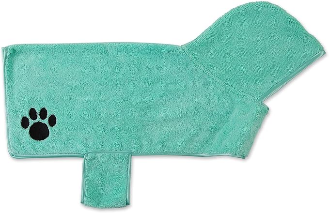 Bone Dry Pet Robe Collection, Embroidered Absorbent Microfiber Bath Robe with Adjustable Closure, for Dogs & Cats, Medium, Aqua