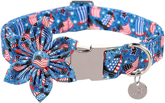 Patriotic Dog Collar with Bow Tie, 4th of July Flower Dog Collar, American Flag Collar for X-Large Boy Girl Dog, Comfortable Summer Flower Collar with Metal Buckle, XL