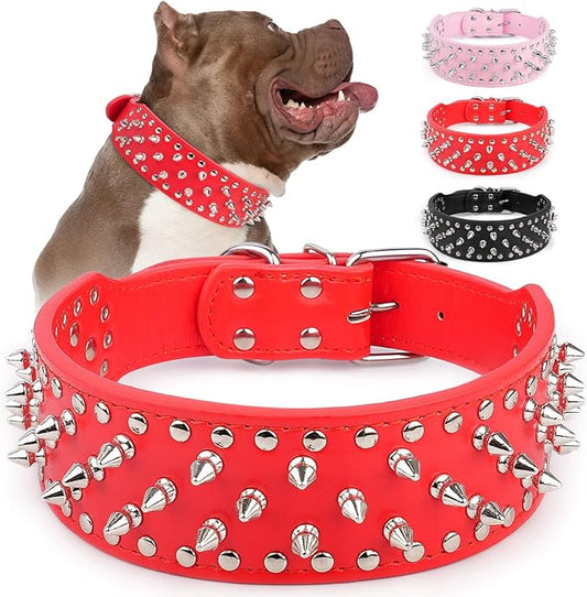 Epesiri Adjustable Wide Spiked Dog Collar, Mushroom Rivet PU Leather Cat Dog Collars, Durable Spike Studded Pet Collar for Small Medium Large Breed, Pitbull Mastiff Bulldog Pugs Husky Rottweiler, Red