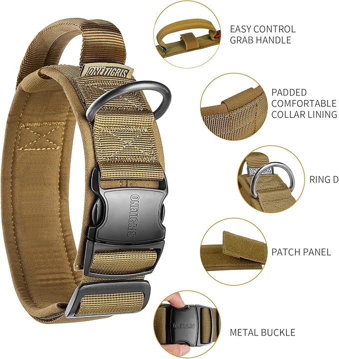 OneTigris Tough Dog Collars, Tactical Dog Collar with Handle, Milltary Adjustable Dog Collar with Heavy Duty Metal Buckle for Training (Medium (Pack of 1), Brown)