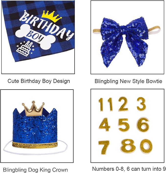 ADOGGYGO Dog Birthday Hat Bandana - Birthday Boy Dog Bandana Pet Party Hat with Numbers Bow and Happy Birthday Banner Set