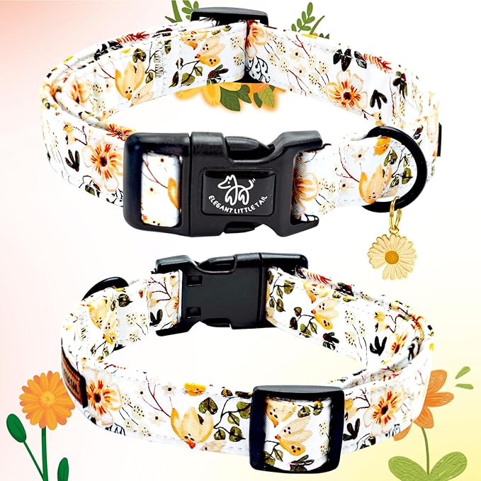 Elegant little tail Dog Collar, Flower Pattern Pet Collar Cute Durable Spring Female or Male Adjustable Cotton Pet Collar with Quick Release Buckle for Large Dogs