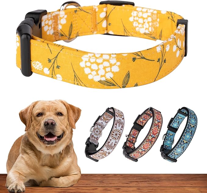Dog Collar for Small Medium & Large Dogs - Heavy Duty Cotton, Long-Lasting, Adjustable and Durable Quick Release Collars Holiday Season - Spring Yellow