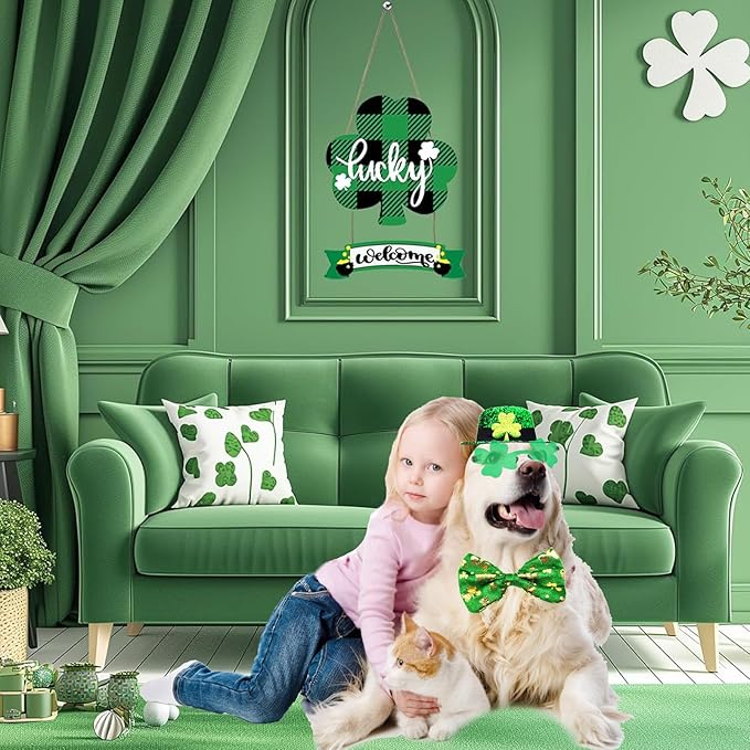 St Patrick's Day Dog Costume 3 Pcs Irish Leprechaun Green Tall Hat Pet Shamrock Sunglasses Bow Tie Kit for Large Dogs Saint Patricks Day Parties Dog Outfits (Large, Irish hat Bowtie Sunglasses)
