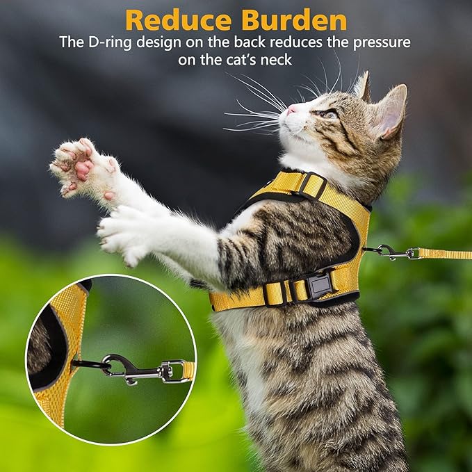 Dooradar Cat Harness and Leash Set, Escape Proof Safe Adjustable Kitten Vest Harnesses for Walking, Easy Control Soft Breathable Mesh Jacket with Reflective Strips for Cats, Yellow, S