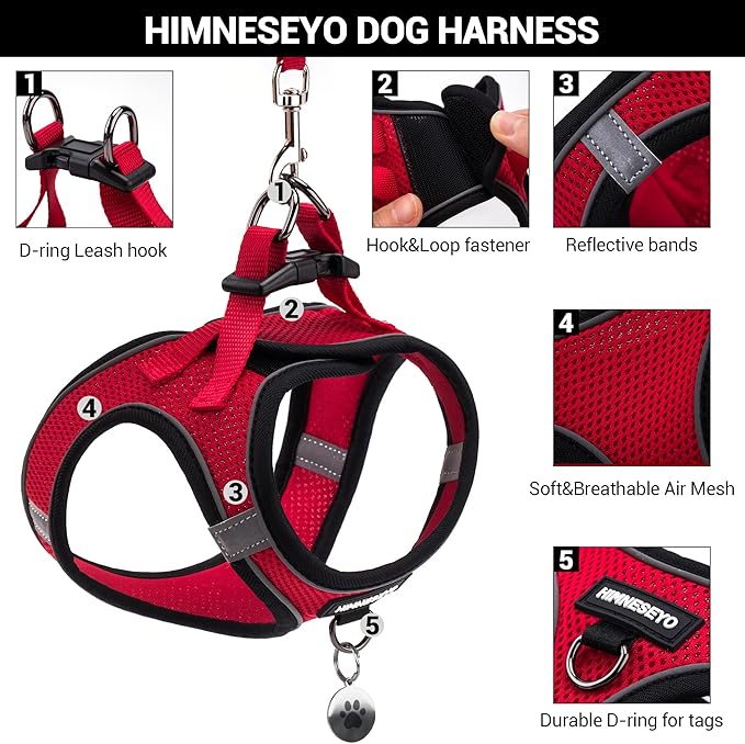 Dog Harness and Leash Set, Dog Harness for Dogs No Pull, No-Chock Step-in Reflective Breathable Lightweight Easy Walk Vest Harnesses with Safety Buckle for Small Medium Dogs, Cats (Red, M)