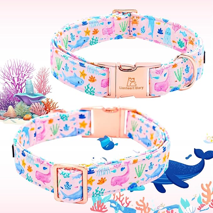 Lionheart glory Dog Collar Flower Collar Pink Dog Collars with Flower Summer Cute Sea Animals Print Collar Dog Female Soft Durable Adjustable Dog Collars for Small Dogs
