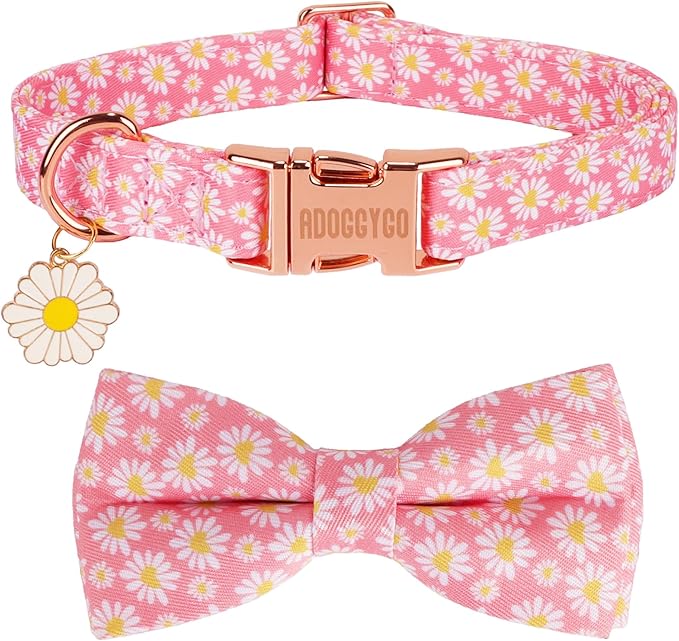 ADOGGYGO Floral Dog Collar with Bowtie, White Daisy Dog Flower Collar with Metal Buckle, Adjustable Pink Dog Floral Collars for X-Small Dogs (X-Small)