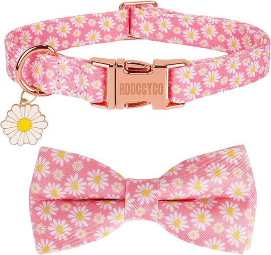 ADOGGYGO Floral Dog Collar with Bowtie, White Daisy Dog Flower Collar with Metal Buckle, Adjustable Pink Dog Floral Collars for X-Small Dogs (X-Small)