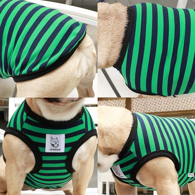 iChoue 2pcs French Bulldog Striped Shirts 100% Breathable Cotton Tank Tops Vests Clothes for Frenchie Dogs, Black and Green Stripes, Large