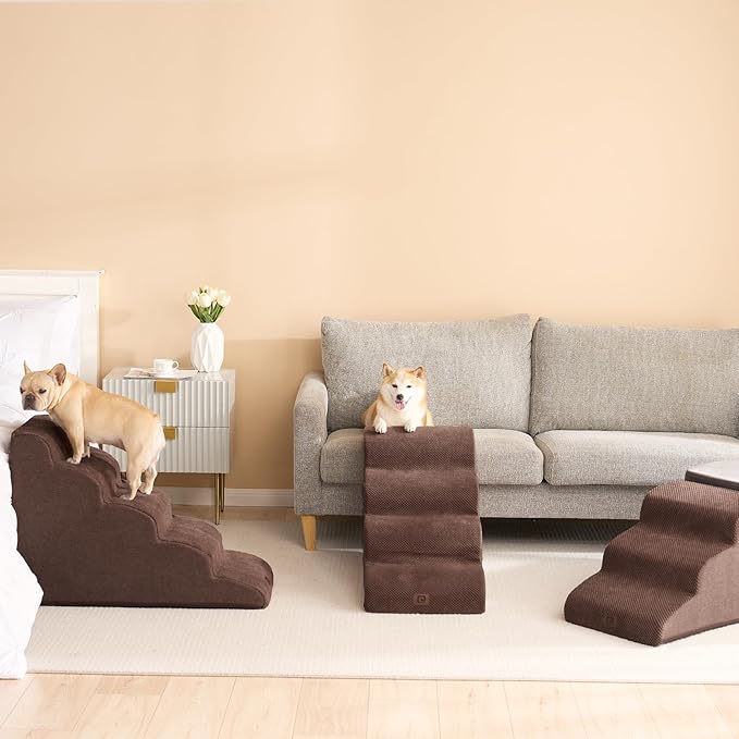 EHEYCIGA Curved Dog Stairs Ramp for Small Dogs 15.7" H, 3-Step Dog Steps for Couch Sofa and Chair, Pet Stairs for Cats, Non-Slip Balanced Pet Steps Indoor, Brown