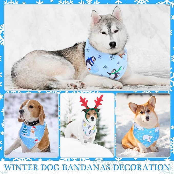 Abbylike 100 Pieces Winter Dog Bandanas Bulk Blue Snowflake Dog Bandanas for Pets Triangle Kerchief Scarf Bibs for Winter Pets Cats Party Costume Accessories
