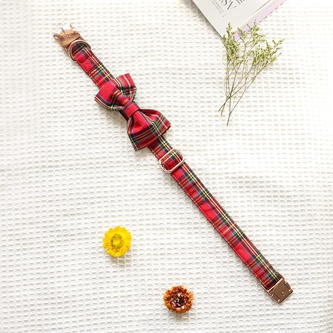Tunkoo Dog Collar Christmas Plaid with Elegant Bow Tie Soft Comfy Cotton Adjustable Collar, Premium Metal Buckle for Puppy and Cat Small Medium Large（Red Plaid，L）