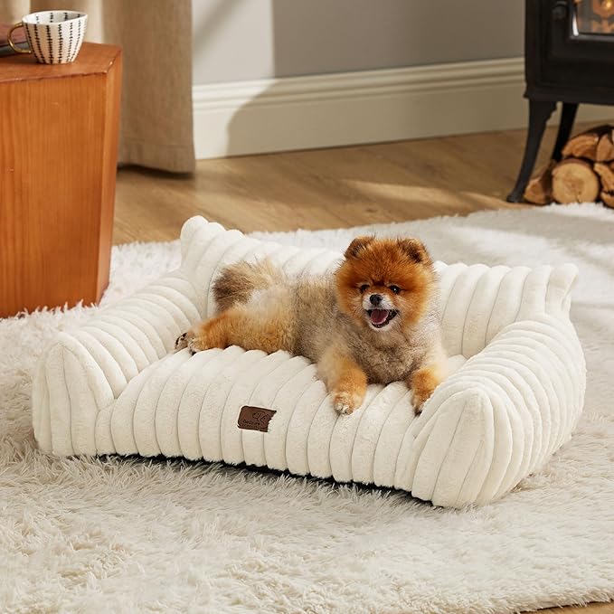 Bedsure Cute Cat Couch for Pets - Fluffy Small Dog Sofa with Premium Soft Corduroy Fleece, Pet Sofa with Removable Washable Cover, Supportive Dog Couch Bed for Small Medium Dogs, 30inch, Cream