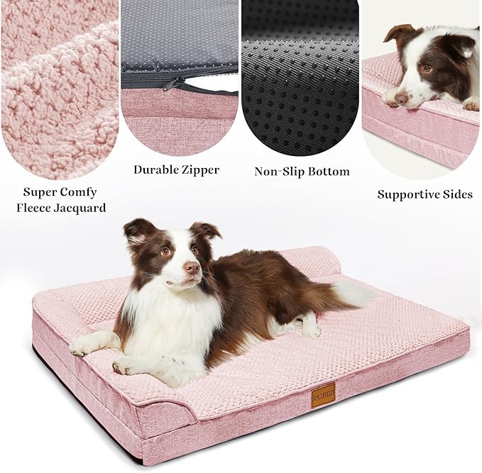 Orthopedic Jacquard XL Dog Bed for Large Dogs 42''X28'', Waterproof L Shaped Big Large Pet Sofa Bed with Washable Removable Cover, Non-Slip Soft Warm Comfortable Pet Couch Sleep Mat, Pink