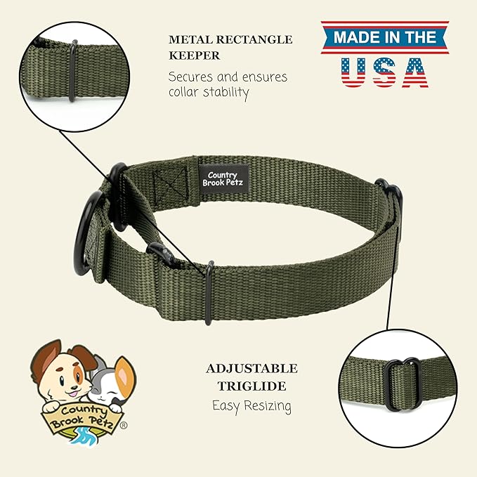 Country Brook Petz Martingale Dog Collar - Heavy-Duty Training Collar with No Buckle - Service Dog Collar for All Pups - Vibrant, Colorful Collection (Dark Olive Drab, 3/4 Inch, Small)