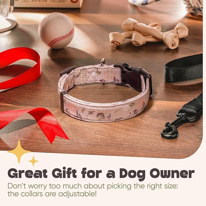 Dog Collar for Medium & Large Dogs - Flowers Cotton Padded Pattern on Long Lasting, Adjustable, Strong and Durable Collars - Choose from Stunning Patterns and Colors