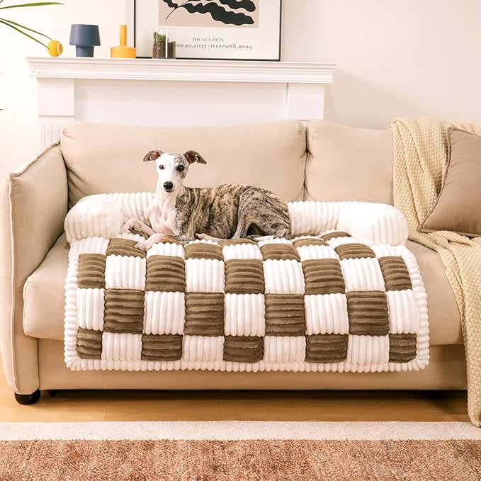FUNNY FUZZY Pet Couch Covers for Sofa, Large Dog Couch Bed Cover Cream Square Plaid Washable Pet Mat for Furniture Protector Sofa Cover for Dogs, Large, Light Brown