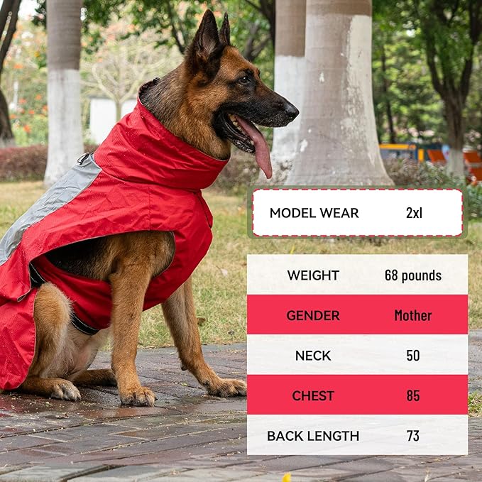 Dog Raincoat with Harness Built in,Outdoor Waterproof Puppy Rain Jacket for Large Dogs,Adjustable Waist by Strap Doggie Rain Coats,Red XL