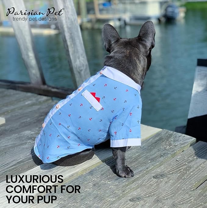 Parisian Nautical Dog Shirt - 100% Cotton Anchor Clothes - Blue and White Costume for Large Dogs