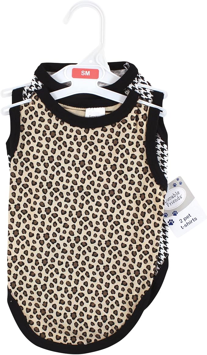 Luvable Friends Dog Pet Dog and Cats Cotton T-Shirts 2pk, Leopard Houndstooth, Small