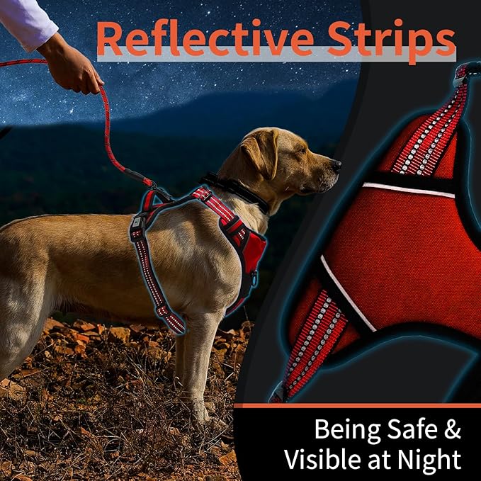 Dog Harness, No-Pull Pet Breathable Harness, Adjustable Soft Padded Dog Vest with 2 Leash Clips, Reflective No-Choke Pet, Easy Control Handle for Large Dogs, Red, L