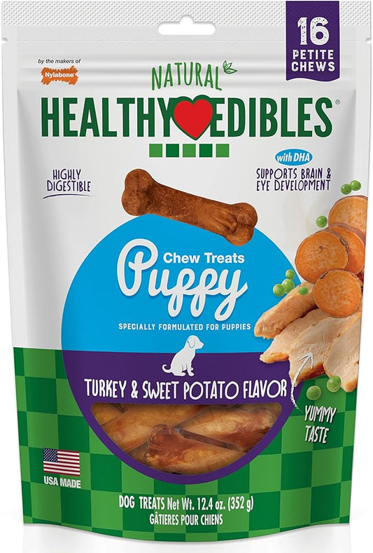 Nylabone Healthy Edibles Natural Puppy Chews Long Lasting Treats for Puppies, Turkey & Sweet Potato Flavor, X-Small/Petite (16 Count)