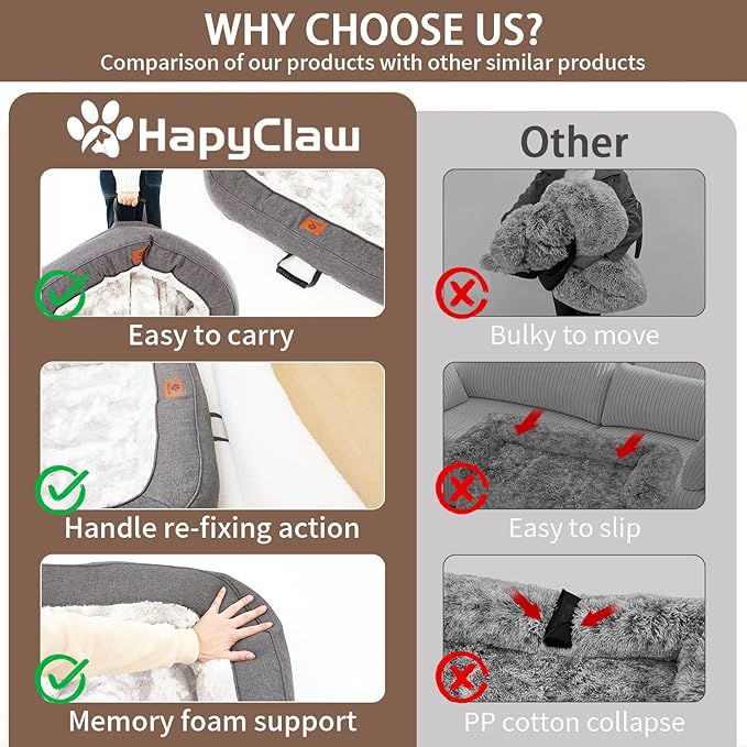 Calming Dog Couch Bed Mat, 41x37 Inch Waterproof Fluffy Sofa Cover, Furniture Protector with Handle, Removable and Washable Pet Bed for Medium Large Dogs and Cats (Grey)