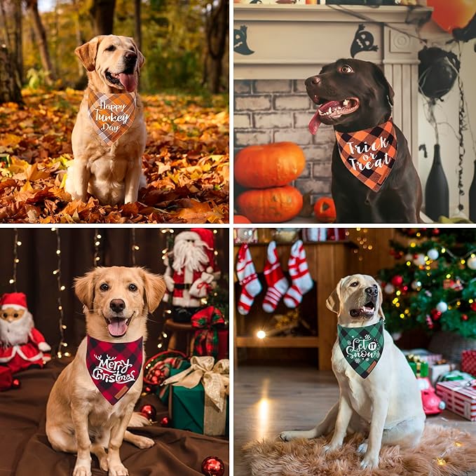 ADOGGYGO 4 Pack Plaid Holiday Dog Bandana, Halloween Thanksgivng Christmas Pet Scarf Kerchief Christmas Thanksgivng Halloween Bandanas for Large and Extra Large Dogs (X-Large)
