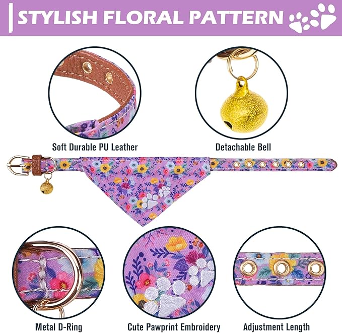 EXPAWLORER Puppy Collar and Leash Set - Embroidery Floral Dog Collar and Dog Leash Set, Cute Flower Bow Tie and Bandana Dog Collar with Bell, Collar and Leash for Dogs Cats Outdoor Walking, Purple S