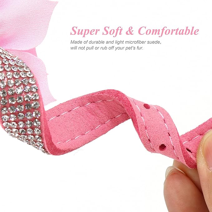 PET ARTIST Bling Rhinestone Dog Collar, Cute & Soft Suede Leather Dog Collar Girl with Flower, Sparkling Pink Pet Collars for Small Medium Female Dogs Walking Party Wedding,M