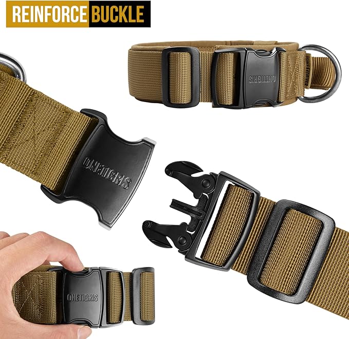 OneTigris Tough Dog Collars, Tactical Dog Collar with Handle, Milltary Adjustable Dog Collar with Heavy Duty Metal Buckle for Training (Medium (Pack of 1), Brown)