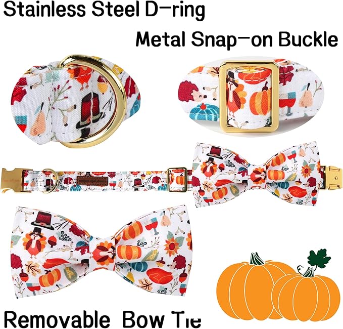 Unique Style Paws Cotton Thanksgiving Dog Collar with Bow Halloween Pumpkin Plaid Dog Collar with Bow Tie for Small Medium Large Dogs Pets Gifts
