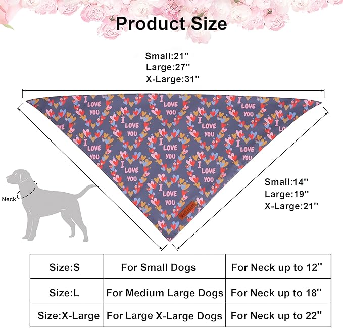 ADOGGYGO Valentine Dog Bandanas, Heart Love Floral Pet Scarf, Multi Size Offered, Pink Blue Pet Valentine Bandana for Small Dogs (Small)