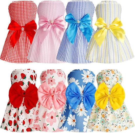 Sanwuta 8 Pieces Dog Bowknot Dresses Puppy Clothes Outfits Princess Dresses Soft Lightweight Summer Fruit Floral Pattern Pet Skirts for Girl Puppy(Large)