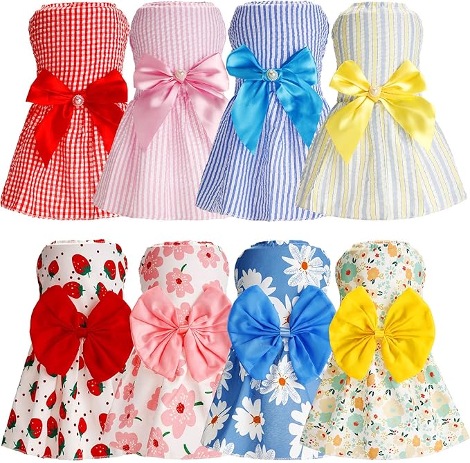 Sanwuta 8 Pieces Dog Bowknot Dresses Puppy Clothes Outfits Princess Dresses Soft Lightweight Summer Fruit Floral Pattern Pet Skirts for Girl Puppy(X-Large)