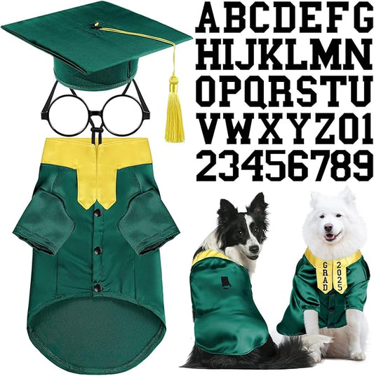 5 Pcs Dog Graduation Costume Set Include 2025 Pet Graduation Gown with Stole Puppy Grad Cap Lensless Glasses DIY Letter Stickers for Dogs Cats Holiday Costume Accessory(Green Yellow,XL)