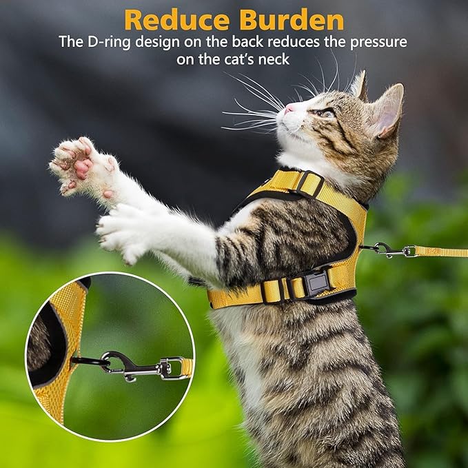 Dooradar Cat Harness and Leash Set, Escape Proof Safe Adjustable Kitten Vest Harnesses for Walking, Easy Control Soft Breathable Mesh Jacket with Reflective Strips for Cats, Yellow, XXS