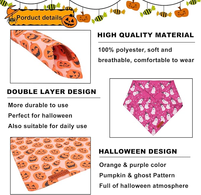 ADOGGYGO Halloween Dog Bandana, Pumpkin Ghost Pet Scarf, Premium Durable Fabric, Adjustable Fit Halloween Bandanas for X-Large Dogs Pets (X-Large)