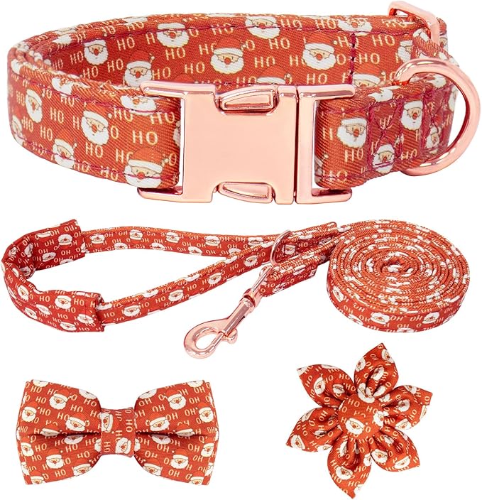 Dog Collar and Leash Set Girls Adjustable Puppy Collars with Christmas Bow Tie for Small Medium Large Female Dogs, Red Santa Claus, M