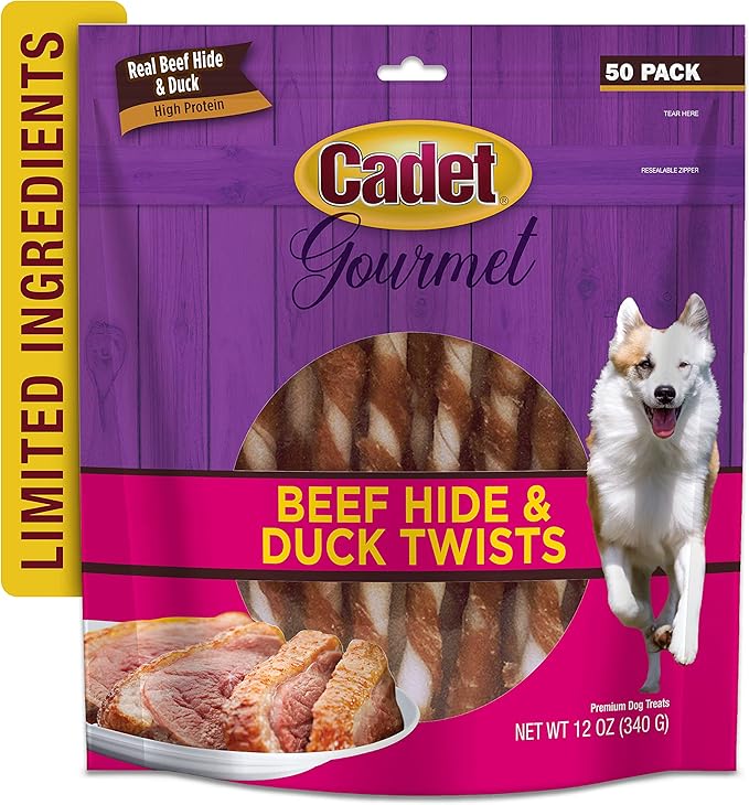 Cadet Gourmet Beef Hide Twist Chew Sticks, Long Lasting & Natural Chew Treats for Dogs, Inspected & Tested in USA, Duck Flavor (50 Count)