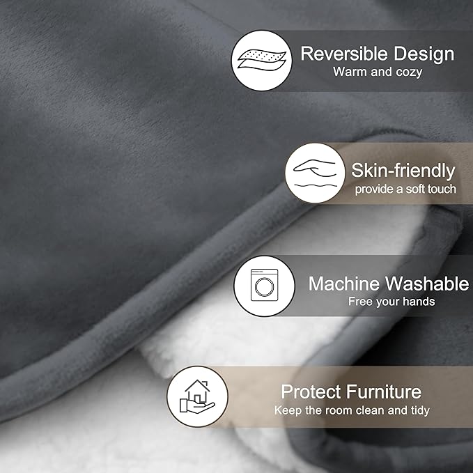 gogobunny Waterproof Bed Blanket, Reversible Sherpa Fleece Throw Blanket for Dog Puppy Cat, Furniture Cover Protects Bed Couch Sofa from Liquid Pee and Pet Fur (Dark Grey, 50x60 inches)