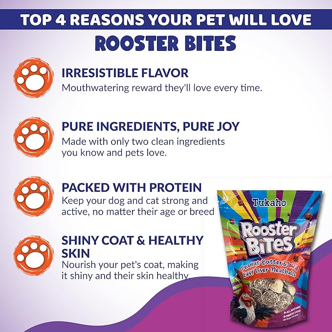 Rooster Bites Peanut Butter and Beef Liver Cat and Dog Treats - All Natural Freeze Dried High Protein Training Treats - Perfect for Dogs and Cats from Small to Extra Large Breeds